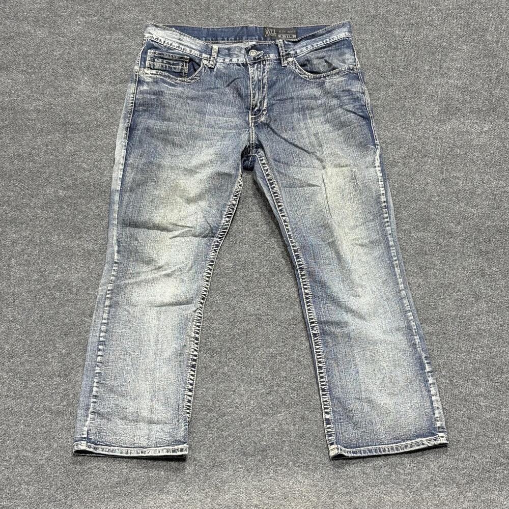 Axel Jeans Mens 37.5x27.5 Blue Slim Boot Distressed Denim Straight Leg Pants